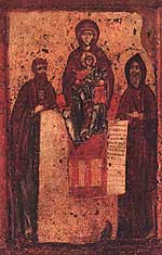 Икона Божией Матери Свенская с предстоящим Антонием и Феодосием Печерскими